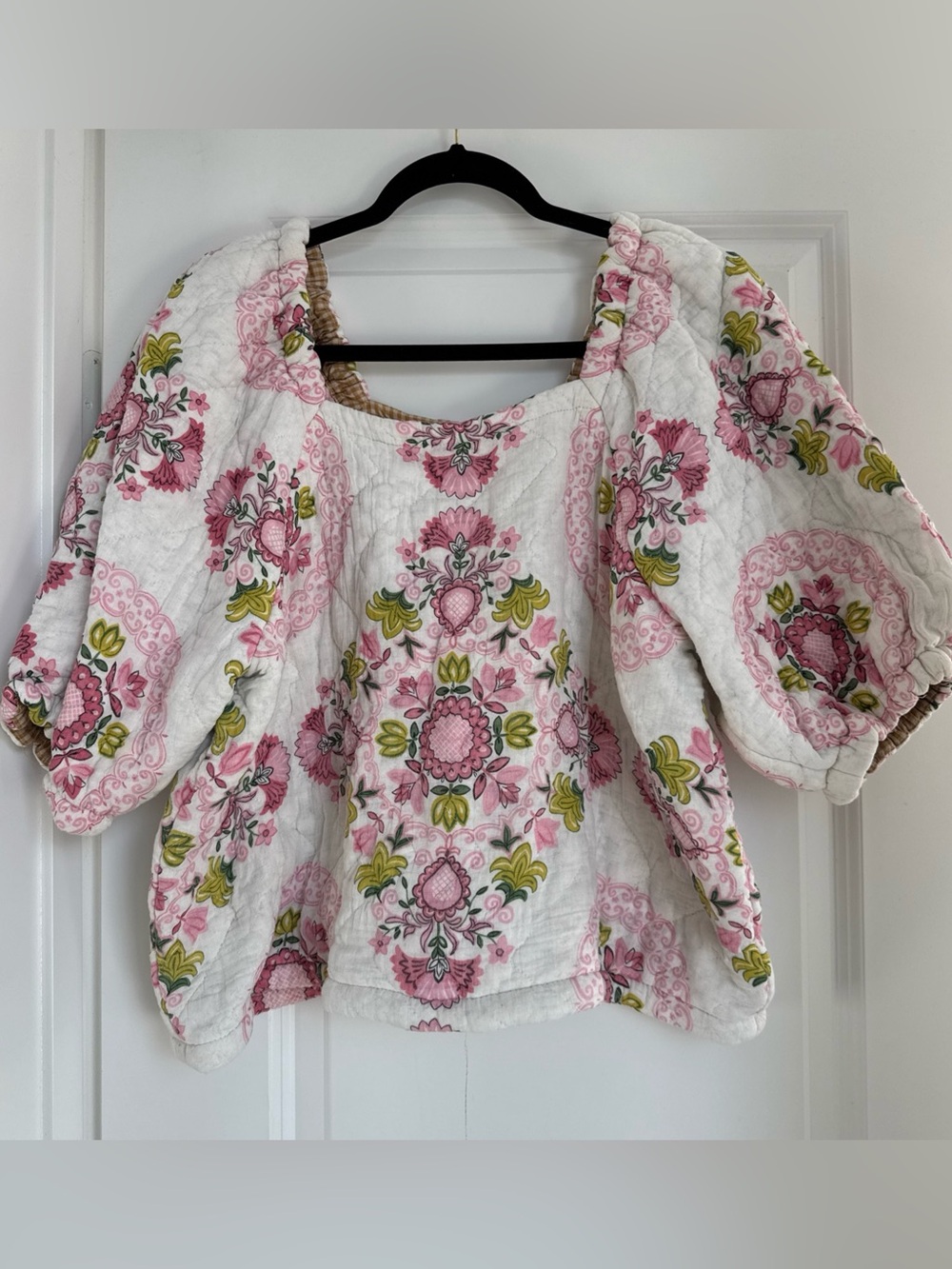 Honeybea Reworked Floral Quilt Puff Sleeve Top One of a Kind Boho OOAK Sz Large